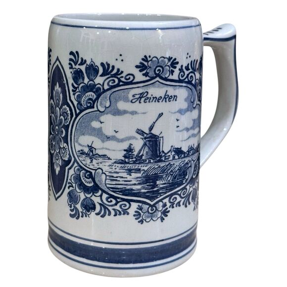 Vtg. Delft Cobalt Blue & White Heineken Beer Stein – Windmill & Sailboat Scene - Picture 5 of 12